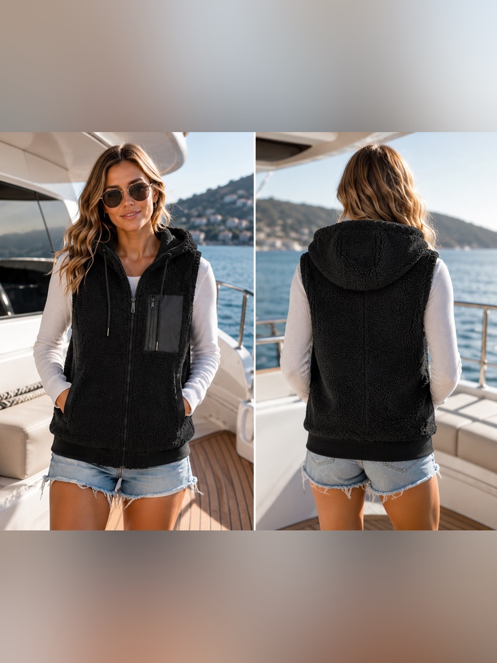 Black Sherpa Hooded Full Zip Lightweight Fleece Vest Quiet Luxury Ultra Soft, M
